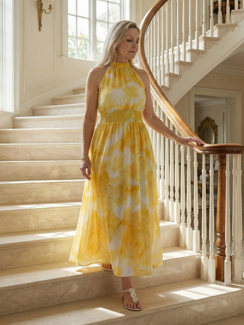 JEAN | GATHERED HALTER MIDI DRESS