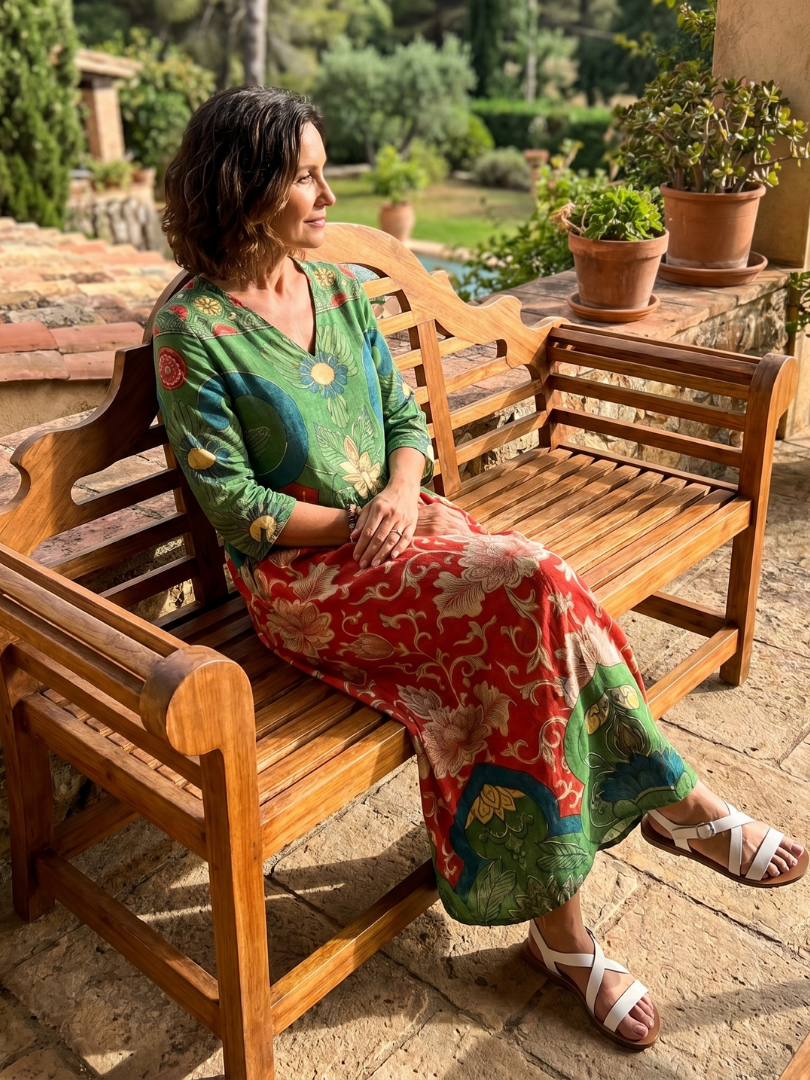 Multicolor botanical print V-neck midi dress with 3/4 sleeves