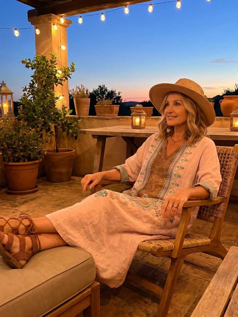 Pink embroidered midi dress with turquoise trim and side pockets, shown while seated