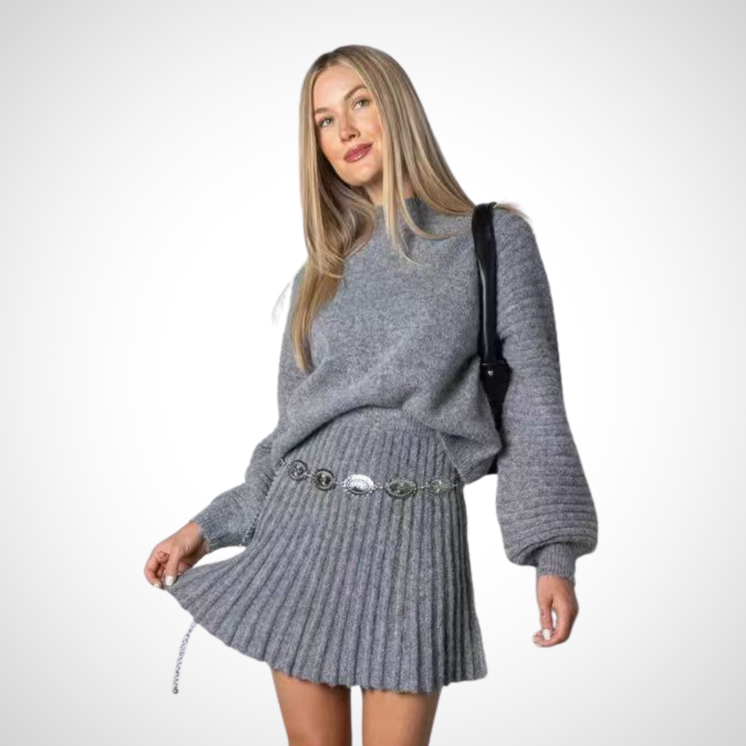 LOUISA light gray ribbed knit two-piece with crewneck sweater and pleated mini skirt