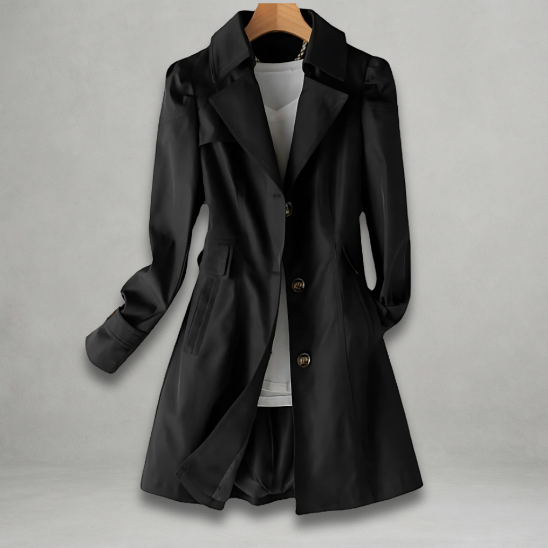 Black trench coat with notched lapels, double-breasted buttons, and shoulder epaulets
