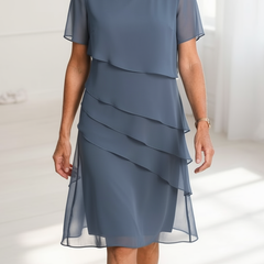 Blue ruffle dress with layered tiers, short sleeves, chiffon look, knee length