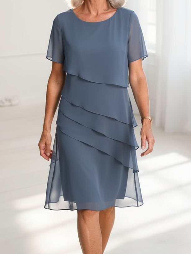 Blue ruffle dress with layered tiers, short sleeves, chiffon look, knee length