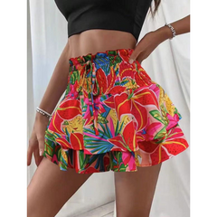 Colorful tropical print tiered skort with shirred elastic waistband and layered ruffle skirt