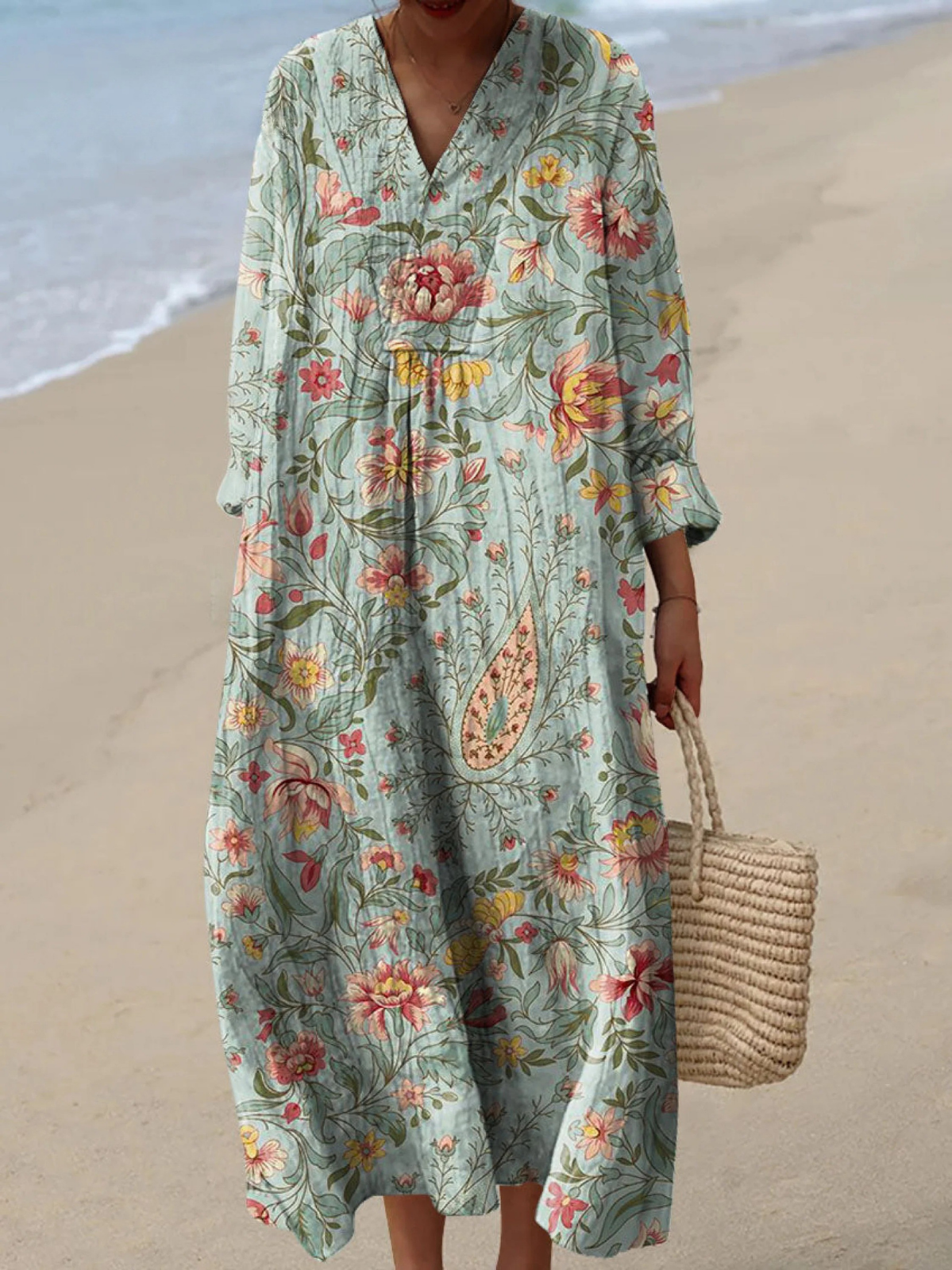 Boho maxi dress in light green with colorful floral print, V-neck and loose 3/4 sleeves