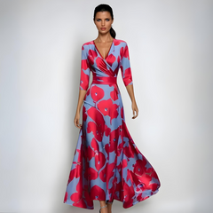 Floral wrap midi dress in pink, blue, and red with 3/4 sleeves and belt