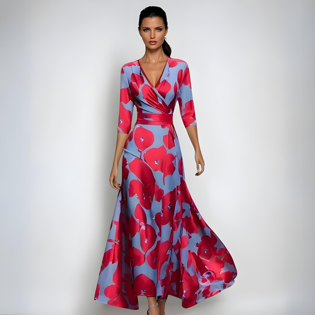 Floral wrap midi dress in pink, blue, and red with 3/4 sleeves and belt