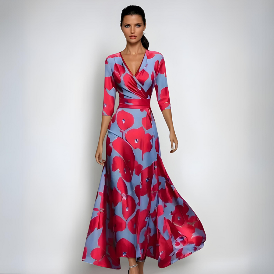 Floral wrap midi dress in pink, blue, and red with 3/4 sleeves and belt