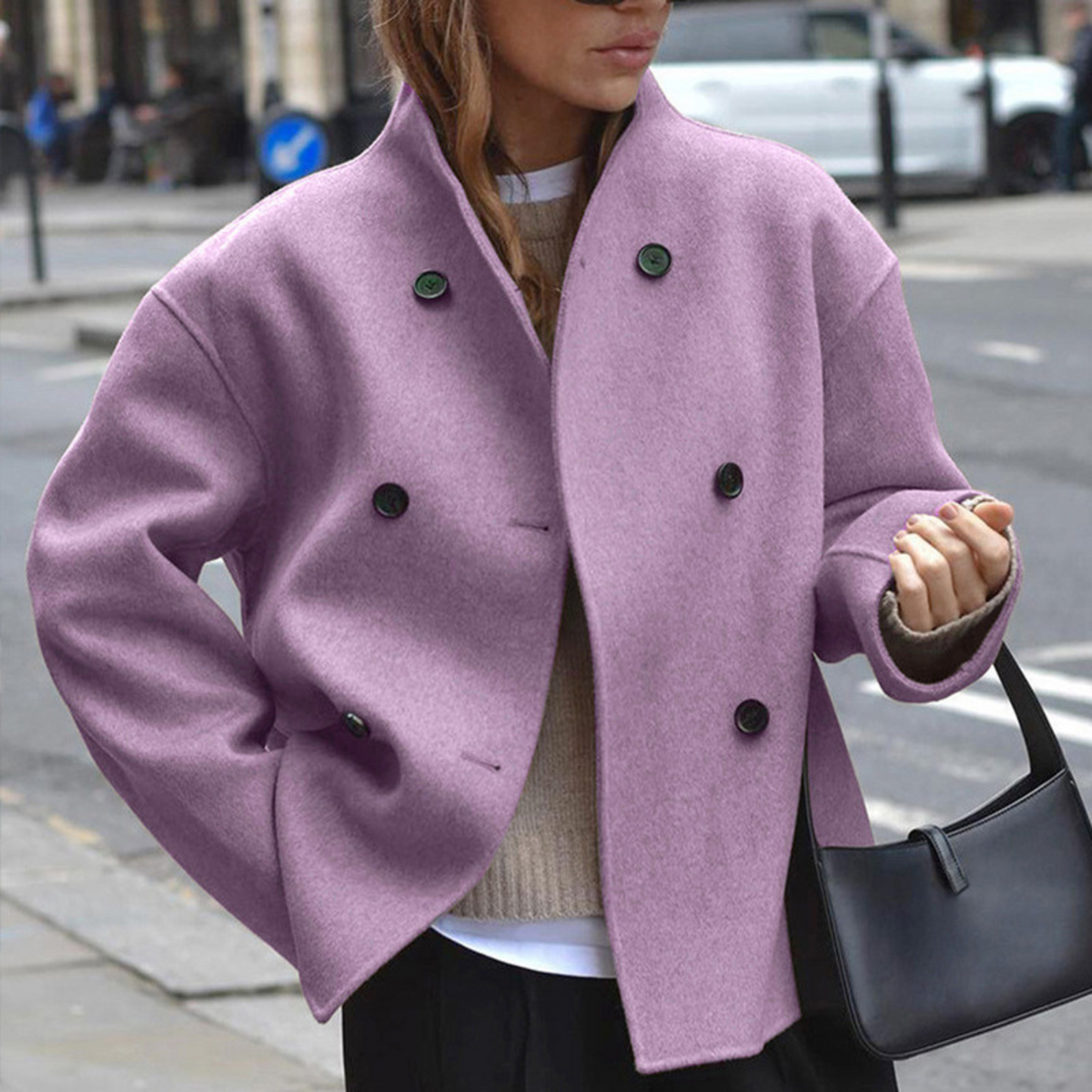Purple long-sleeve stand-collar coat with double-breasted button front