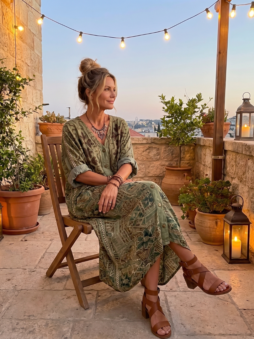 Green printed button-front midi dress with V-neck and side pockets, midi length