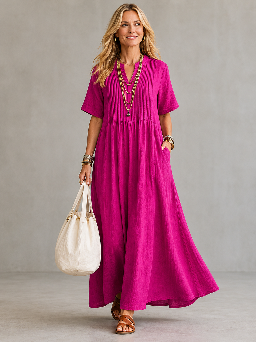 Nathalia™ pleated maxi dress, short-sleeve V-neck in bright pink