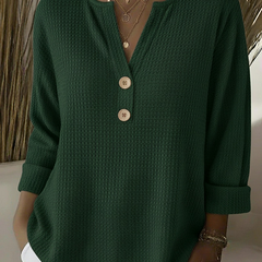 Green henley button top, waffle-knit long sleeve with V-neck and three buttons