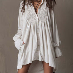 White lace mini shirt dress with embroidered yoke, button front, long sleeves