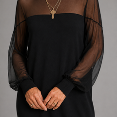 Amélie™ black mesh-sleeve mini dress with sheer long sleeves