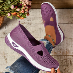 Purple knit slip-on shoes with side cutouts and white sole