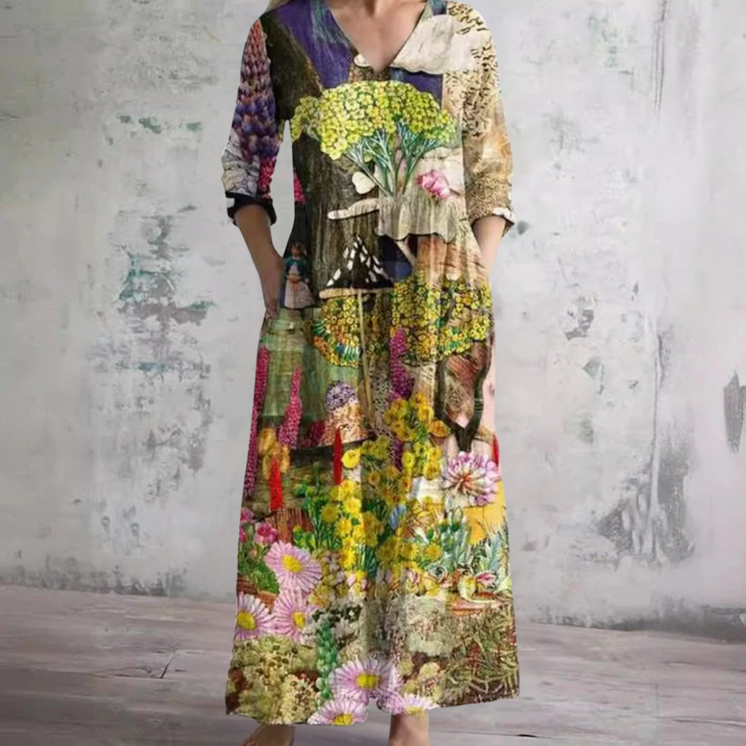 OLDA floral summer dress with V-neck and 3/4 sleeves