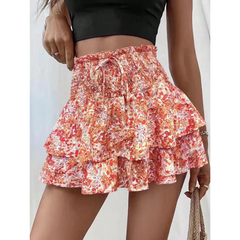 Red floral tiered skort with shirred elastic waistband and layered ruffle hem