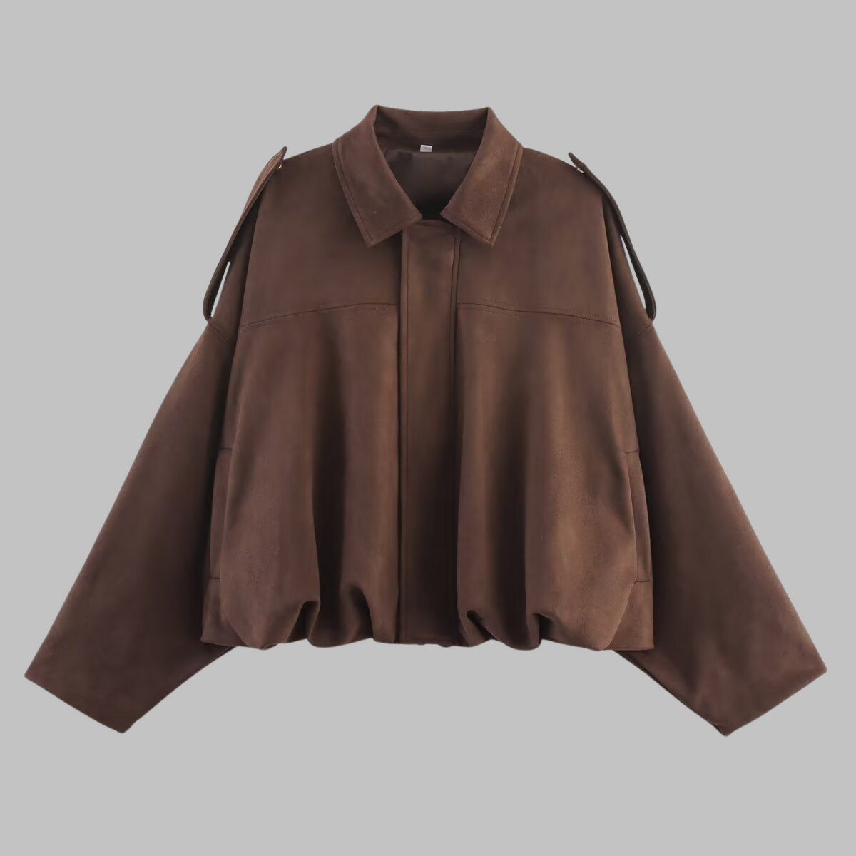 Loose military jacket in dark brown with turn-down collar and center zip