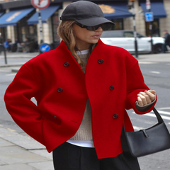 Red long-sleeve stand-collar coat with double-breasted buttons