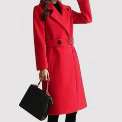 Red classic belted coat with notched lapels, two-button front, long sleeves.