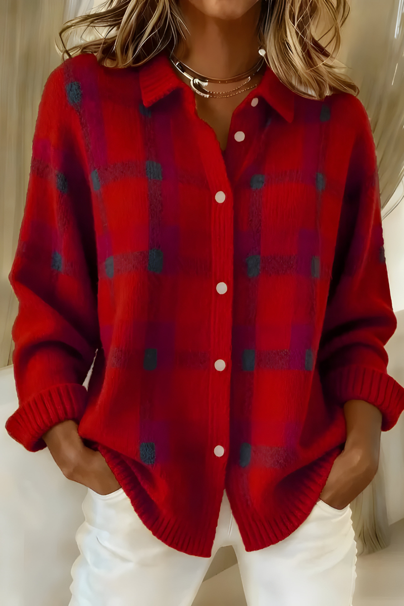 Red plaid knit cardigan with button front, collared V-neck, long sleeves
