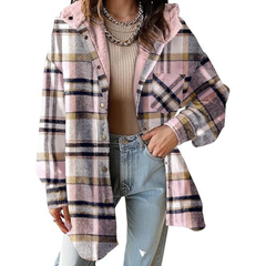 Relaxed-fit hooded plaid jacket in pink, cream, and black with button front
