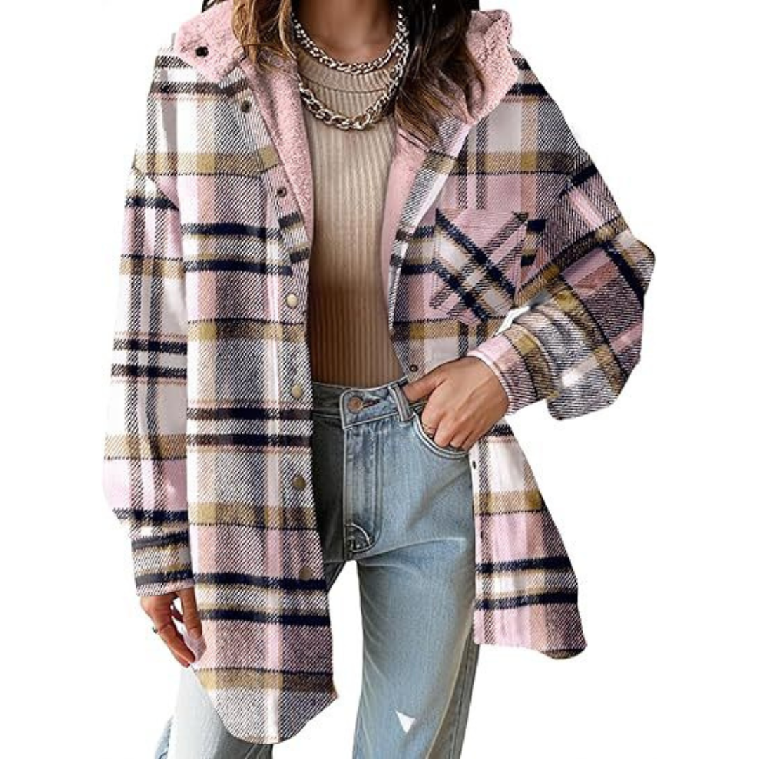 Relaxed-fit hooded plaid jacket in pink, cream, and black with button front