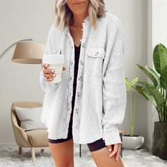 Cozy loose-fit batwing button-down jacket in white, textured knit, chest pocket buttons
