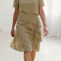 Khaki ruffle dress with layered tiers, short sleeves, chiffon look, knee length