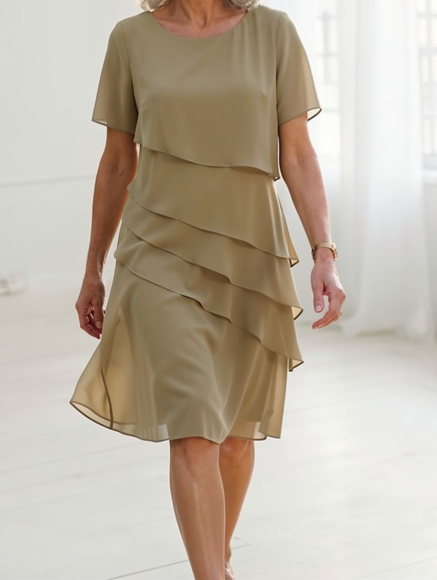 Khaki ruffle dress with layered tiers, short sleeves, chiffon look, knee length