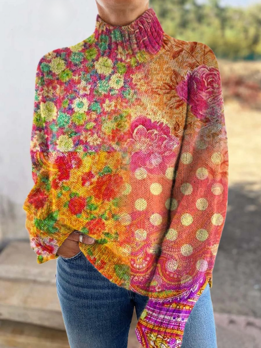 Multicolor knitted sweater with floral polka dots, long sleeve, mock neck