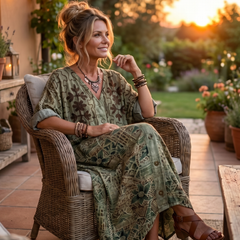 Green printed button-front midi dress with V-neck and short sleeves, midi length