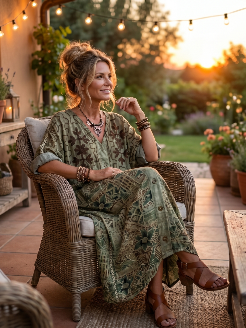 Green embroidered midi dress, seated view, short sleeves with button-front closure