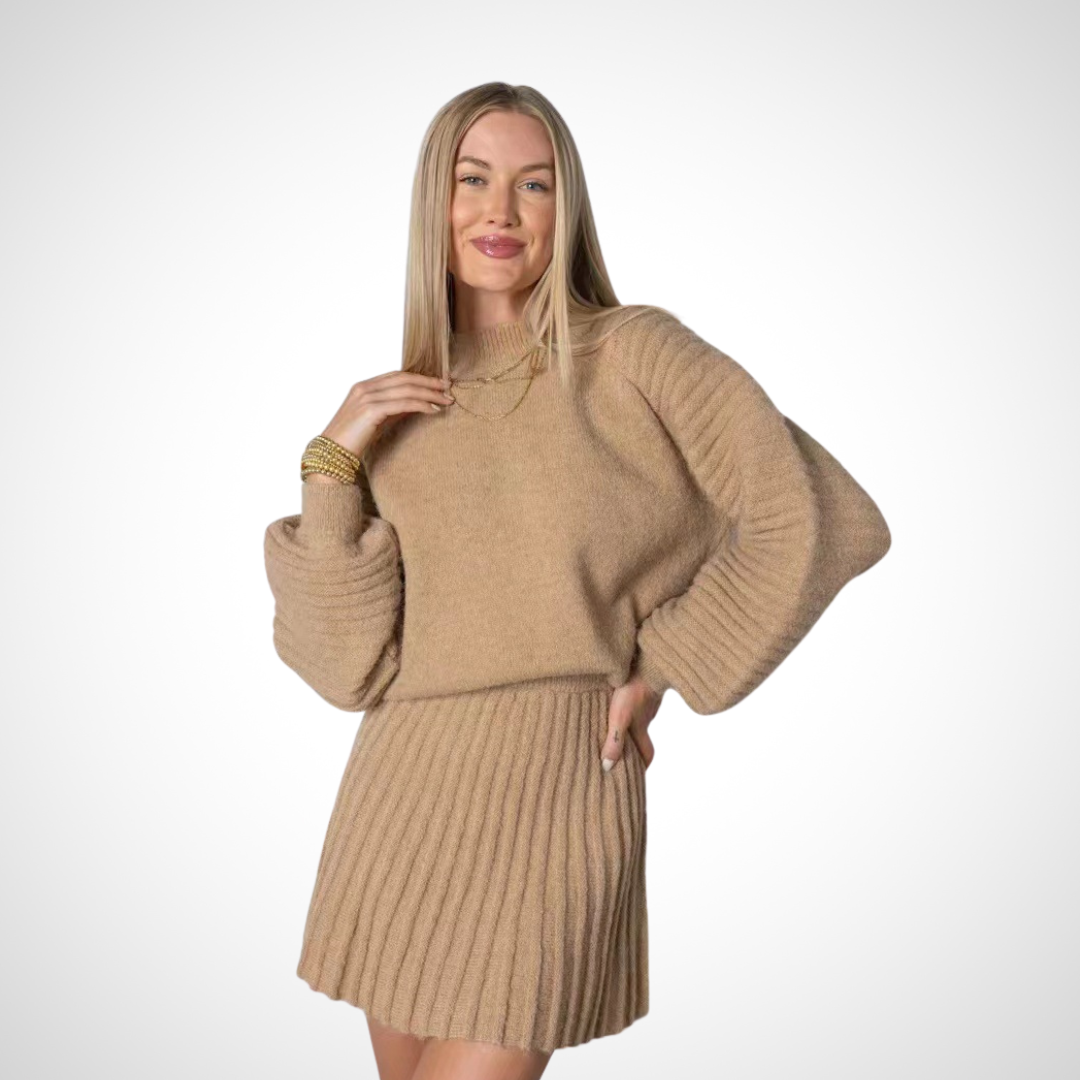 LOUISA light brown ribbed knit two-piece with crewneck sweater and ribbed mini skirt