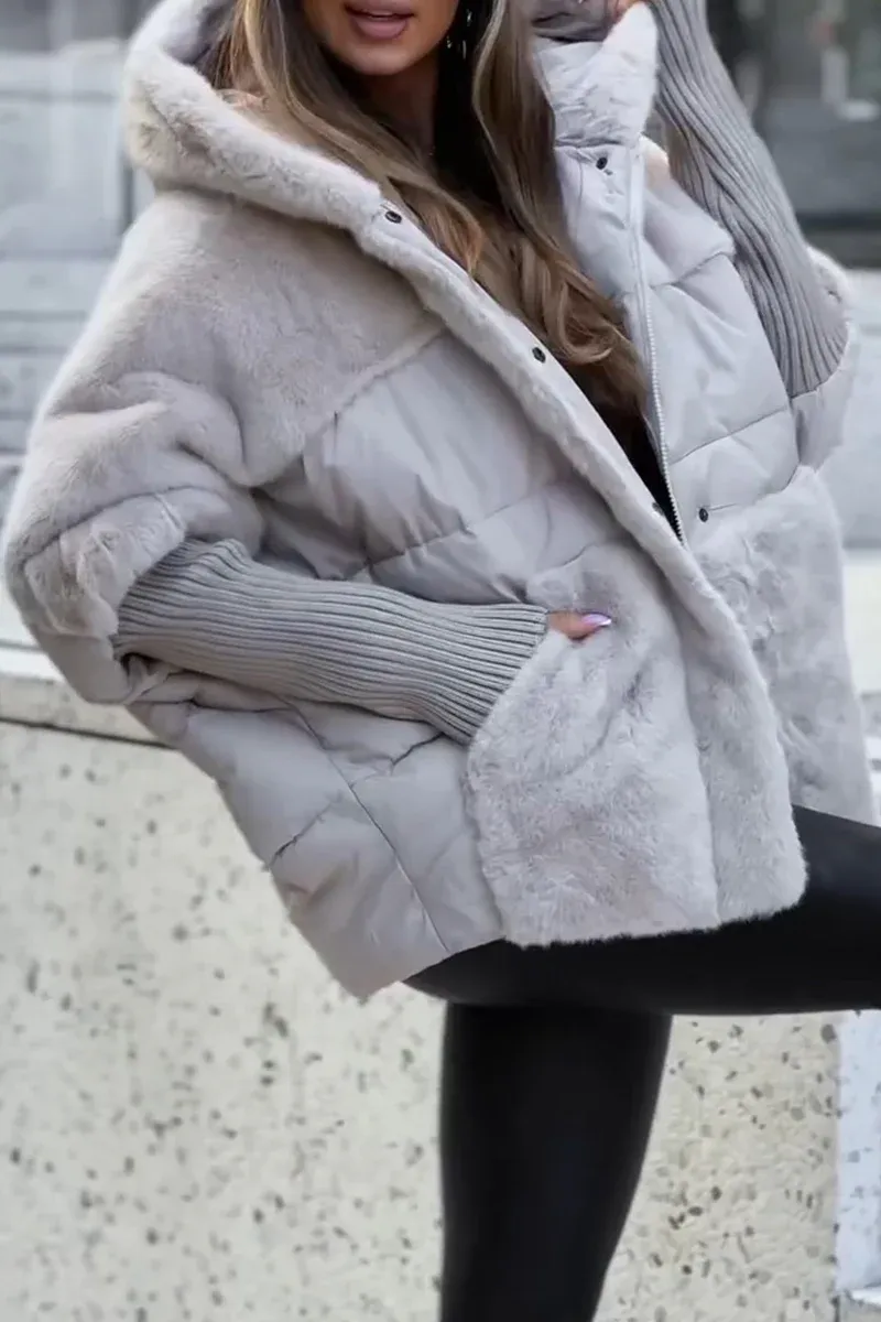 Ivory plush hooded puffer jacket with zip front and faux-fur trim, ribbed cuffs