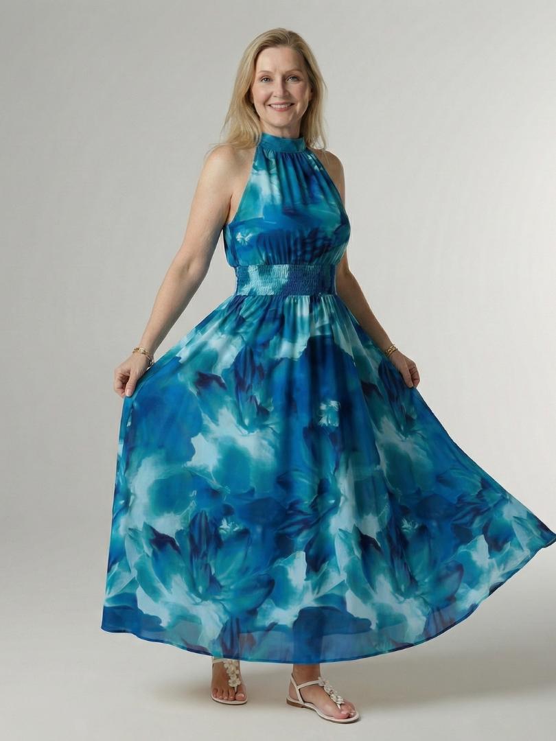 JEAN | GATHERED HALTER MIDI DRESS