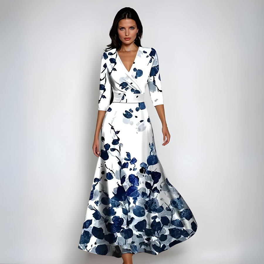 Floral wrap midi dress in white with navy abstract blossoms, V-neck and belt