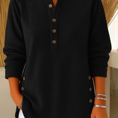 Black button henley tunic with long sleeves and button-front placket