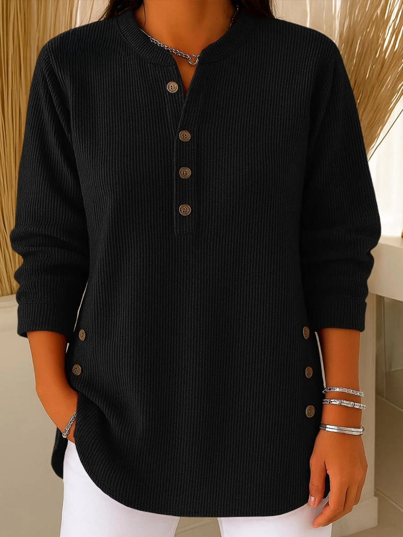 Black button henley tunic with long sleeves and button-front placket