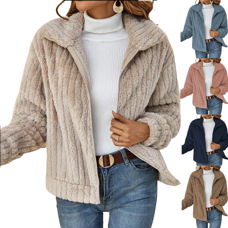 Zip-up teddy fleece jacket in multiple colors, raised collar and full front zipper.