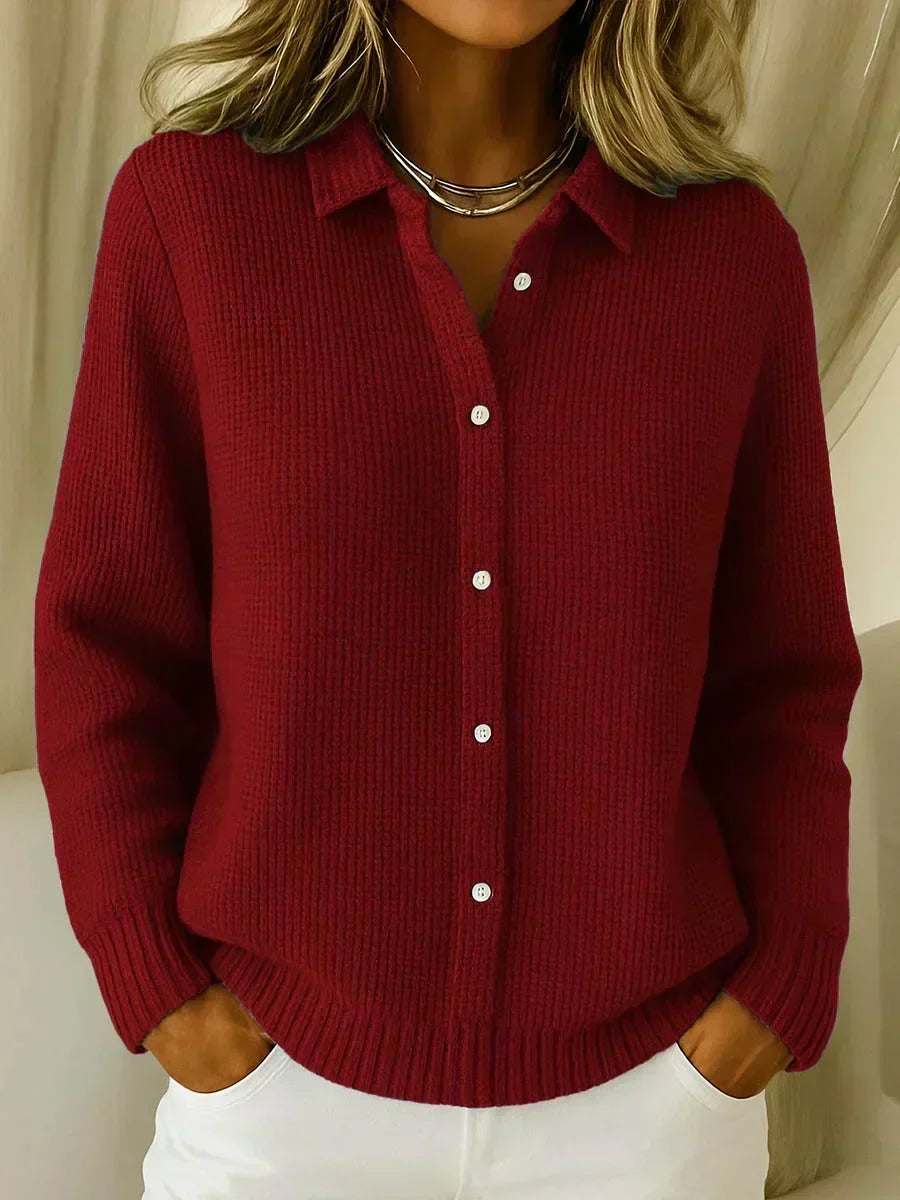 Wine red textured knit button-up cardigan with long sleeves, button front, and collar