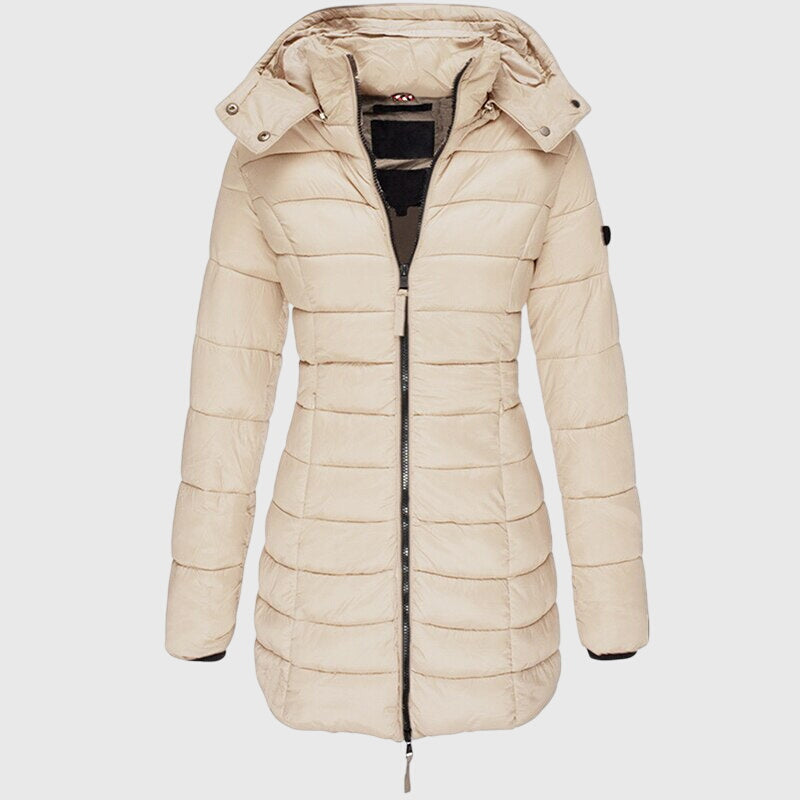 LIORAH long down jacket in ivory with hood and full front zipper.