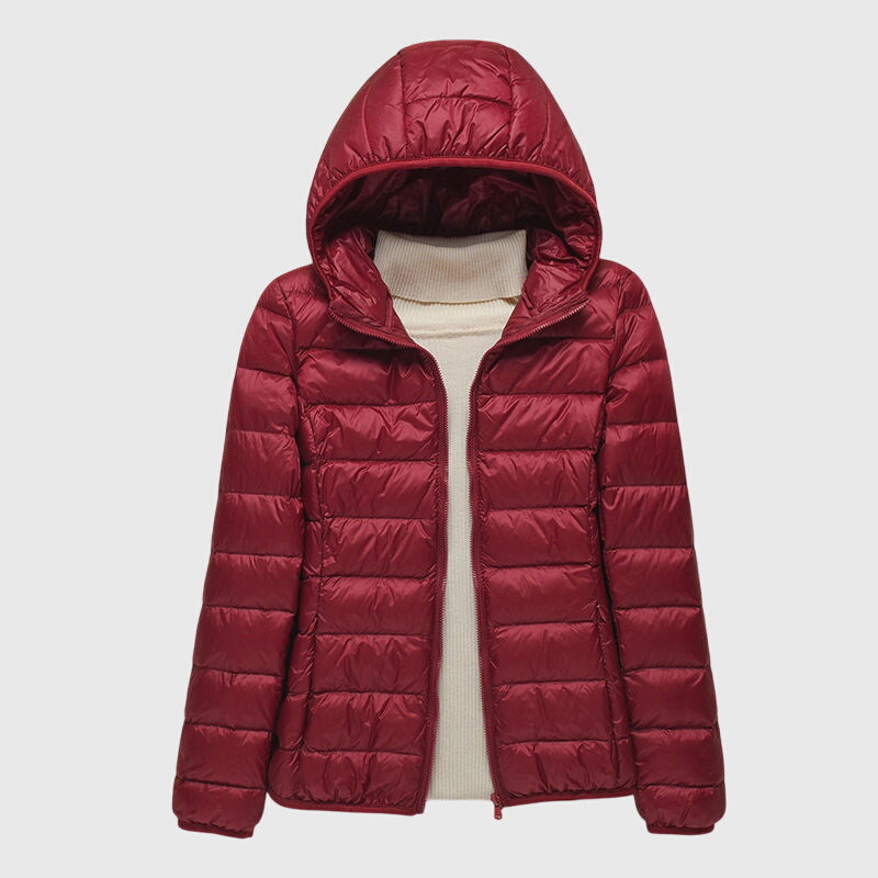 Ultra-light quilted hooded jacket with full-zip front, burgundy shade, side pockets
