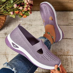 Lilac knit slip-on shoes with side cutouts and white sole