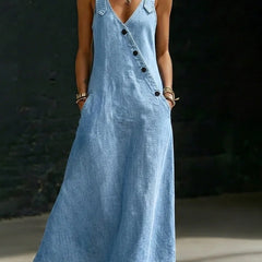 Light blue sleeveless denim dress, V-neck, front button-through placket, long hem