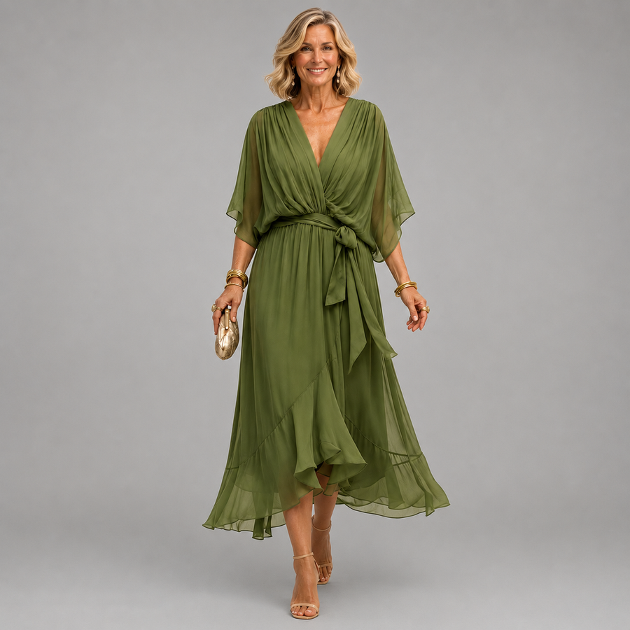Women's V-neck midi dress, green with tie waist and flowy chiffon overlay