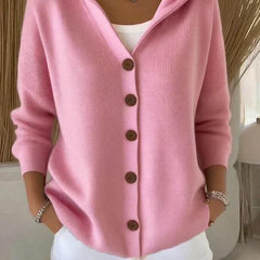 Pink hooded button-up knit cardigan with dark buttons, long sleeves
