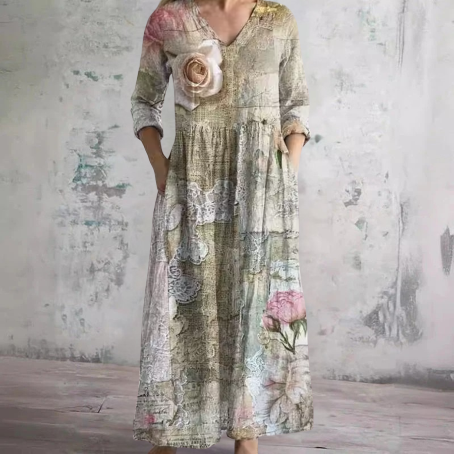 Beige floral summer dress with V-neck, long sleeves, and flower appliques at chest