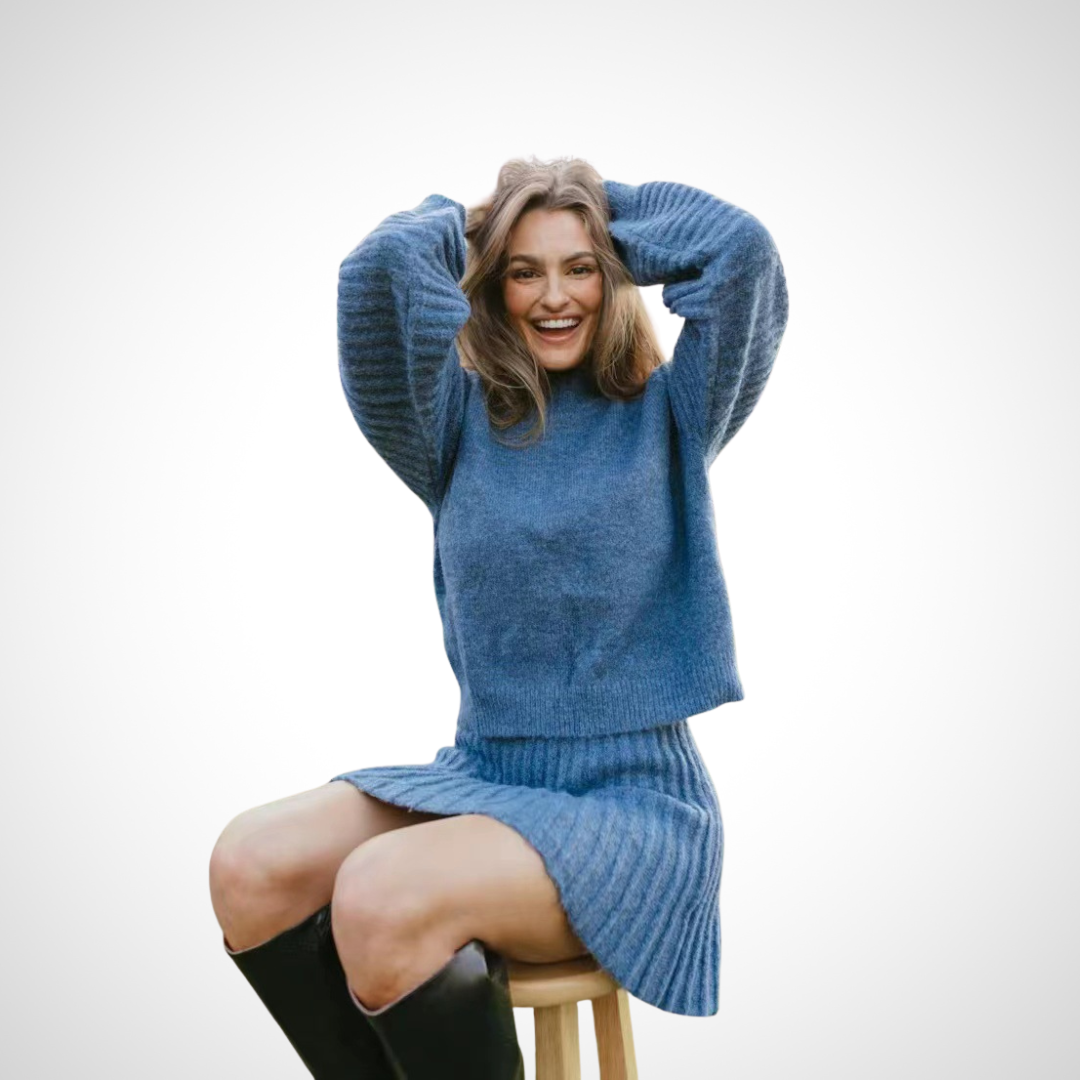 LOUISA royal blue ribbed knit two-piece with crewneck sweater and knit mini skirt