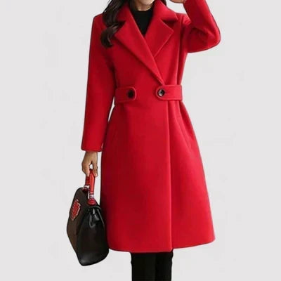 Red belted classic coat with notched lapels and button front, long sleeves.